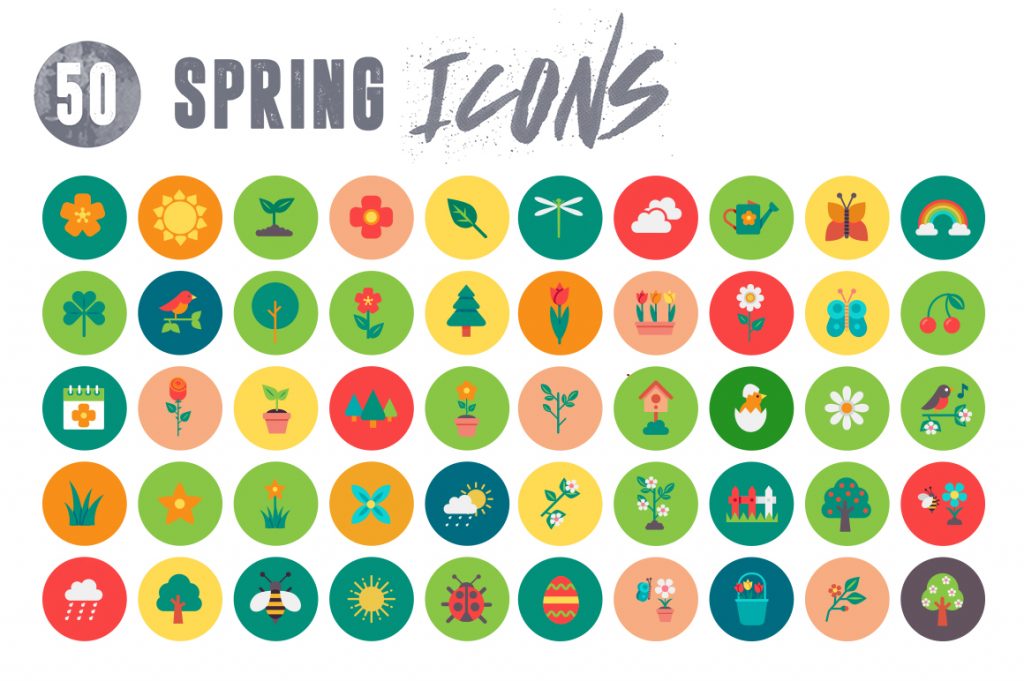 Spring Icons with colored backgrounds