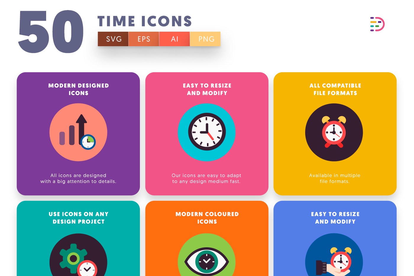 50 Time Flat Icons with colored backgrounds