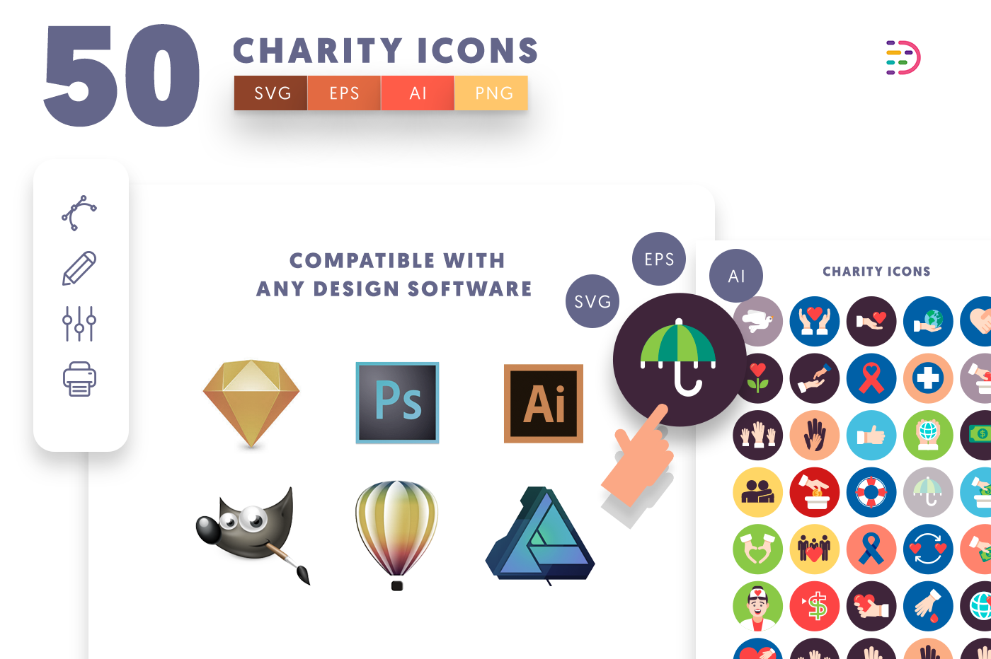 EPS, SVG, PNG full vector 50 Charity Icons 