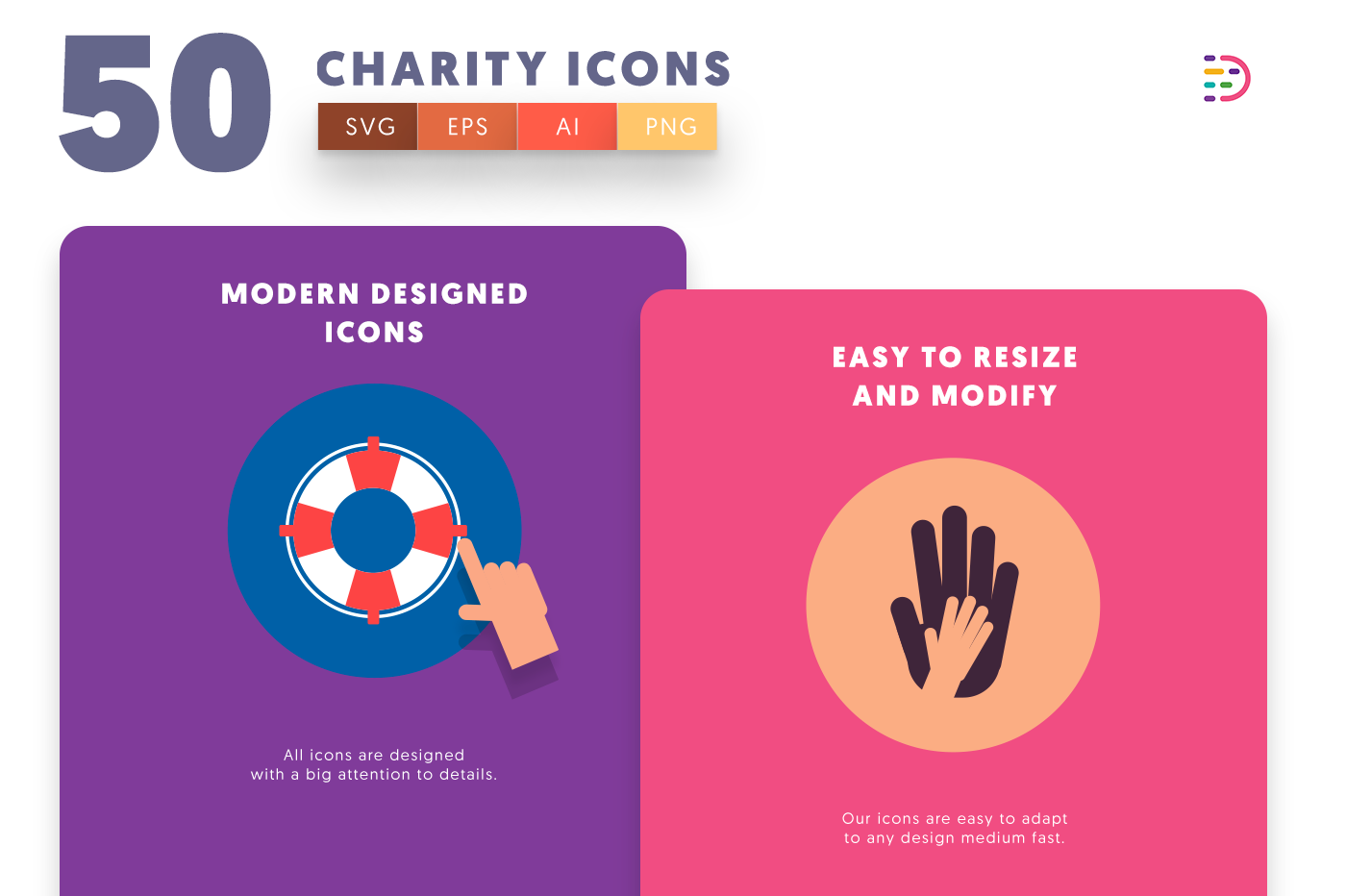 50 Charity Icons with colored backgrounds