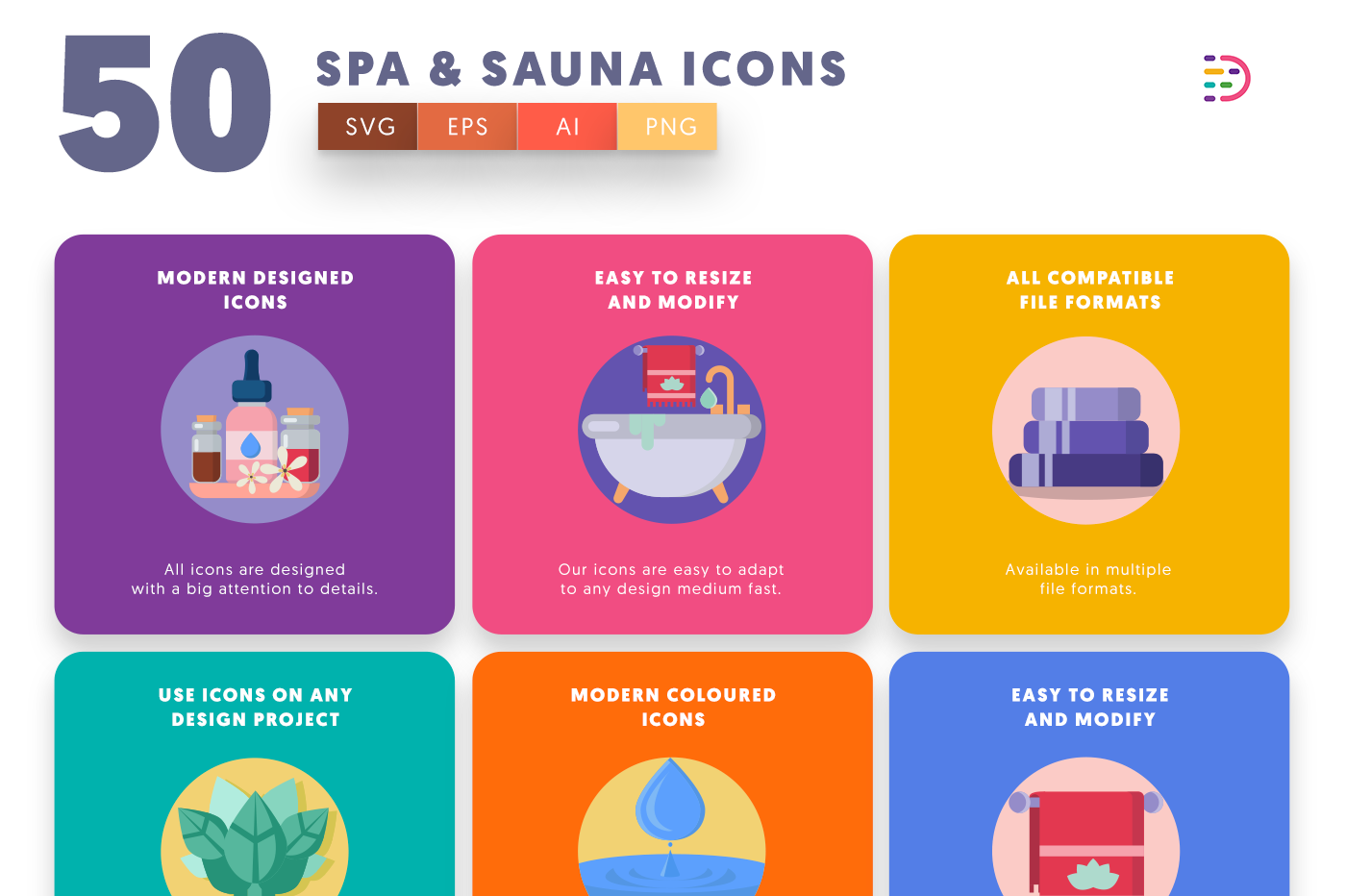 Spa and Sauna Icons with colored backgrounds and vector [icons pack name]