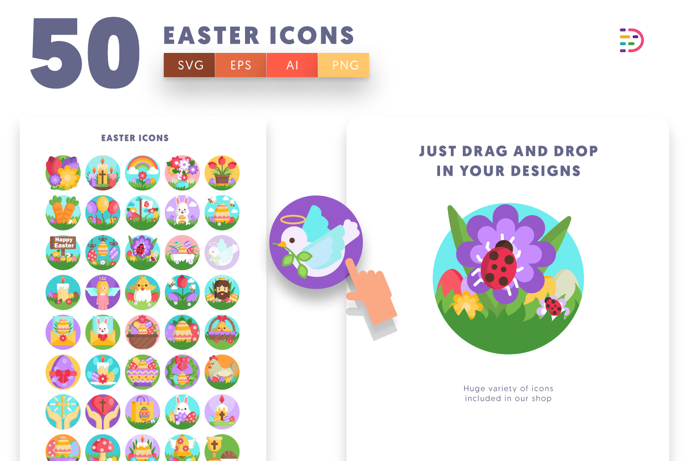 50 Easter Icons with colored backgrounds