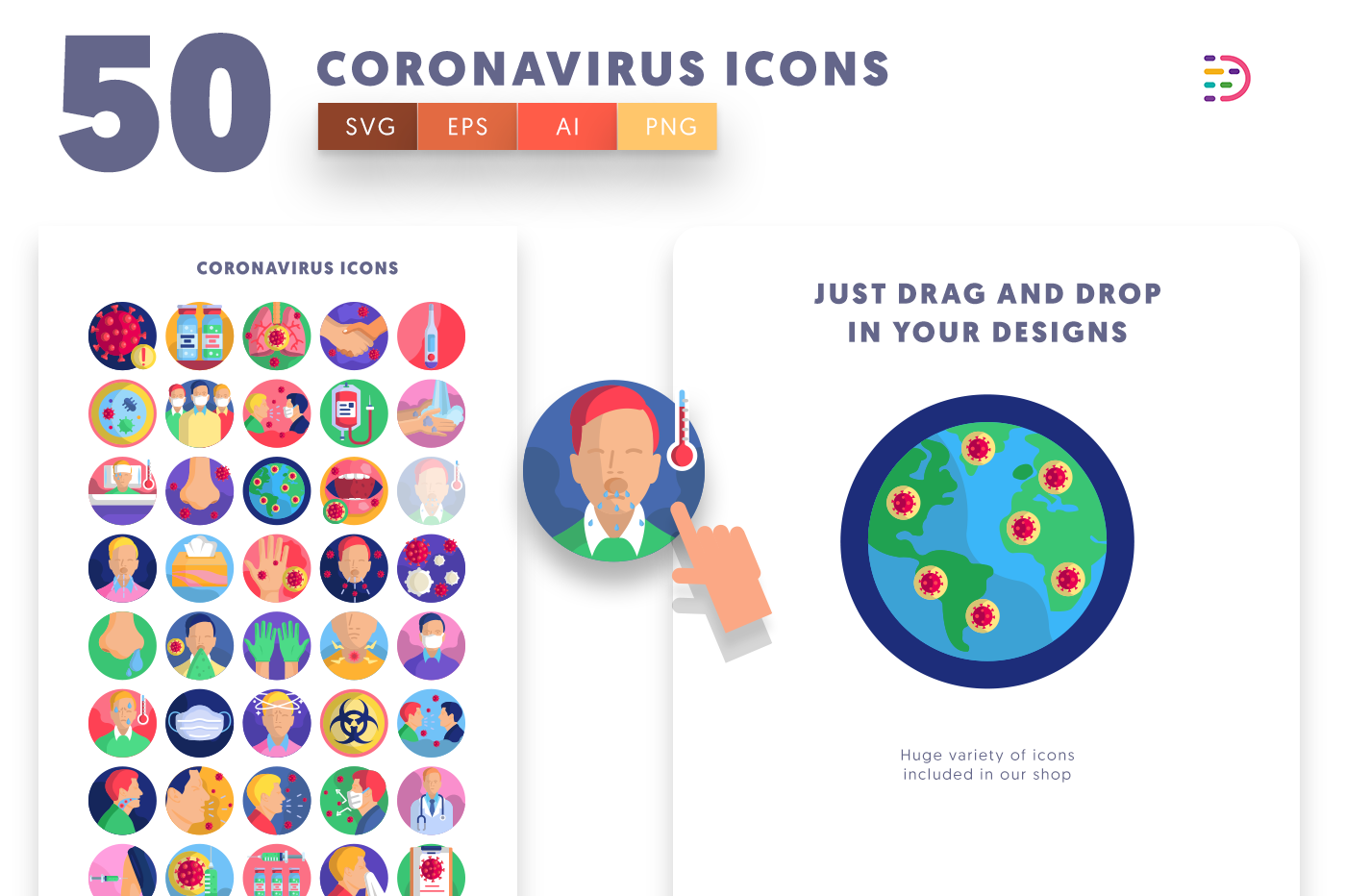  Coronavirus Transmission Icons with colored backgrounds