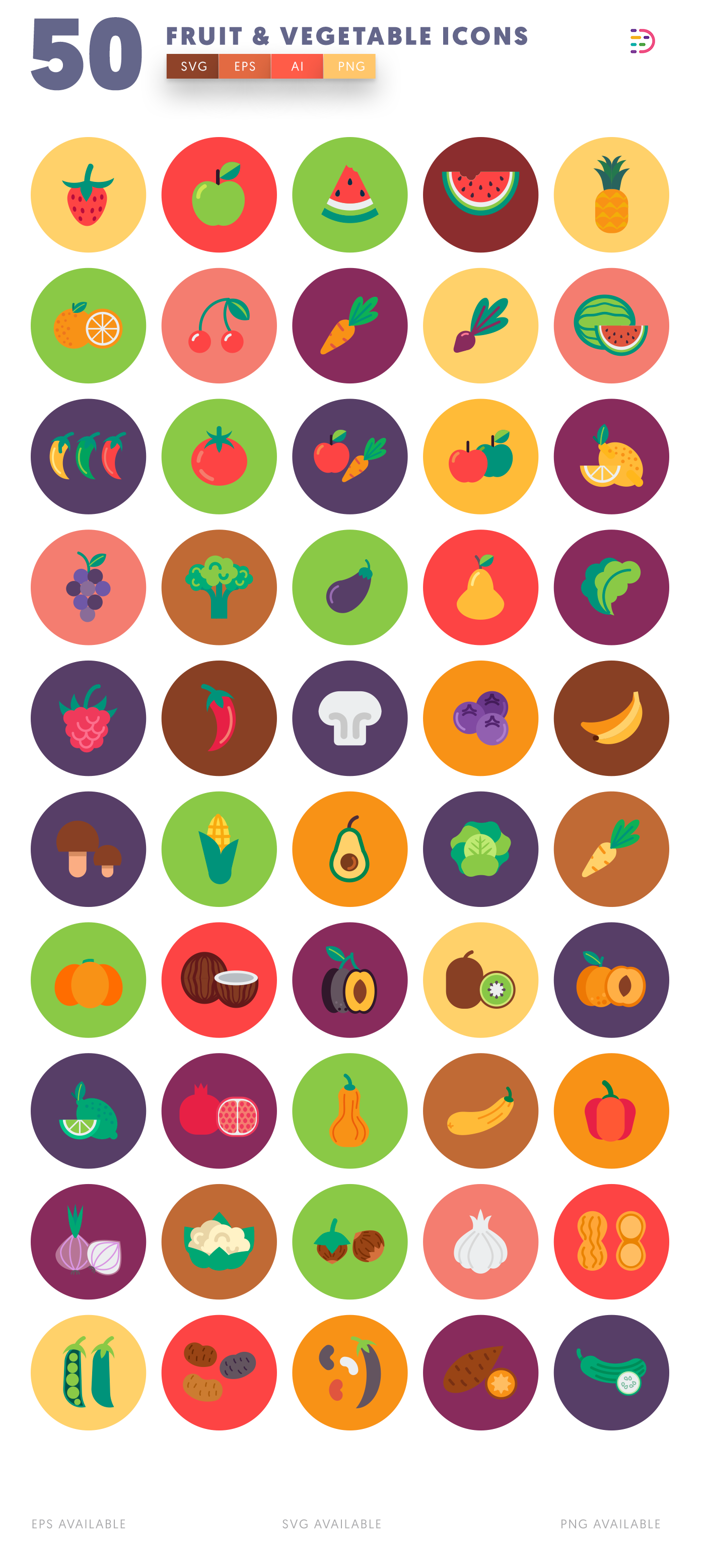 Design ready 50 Fruits & Vegetable Icons