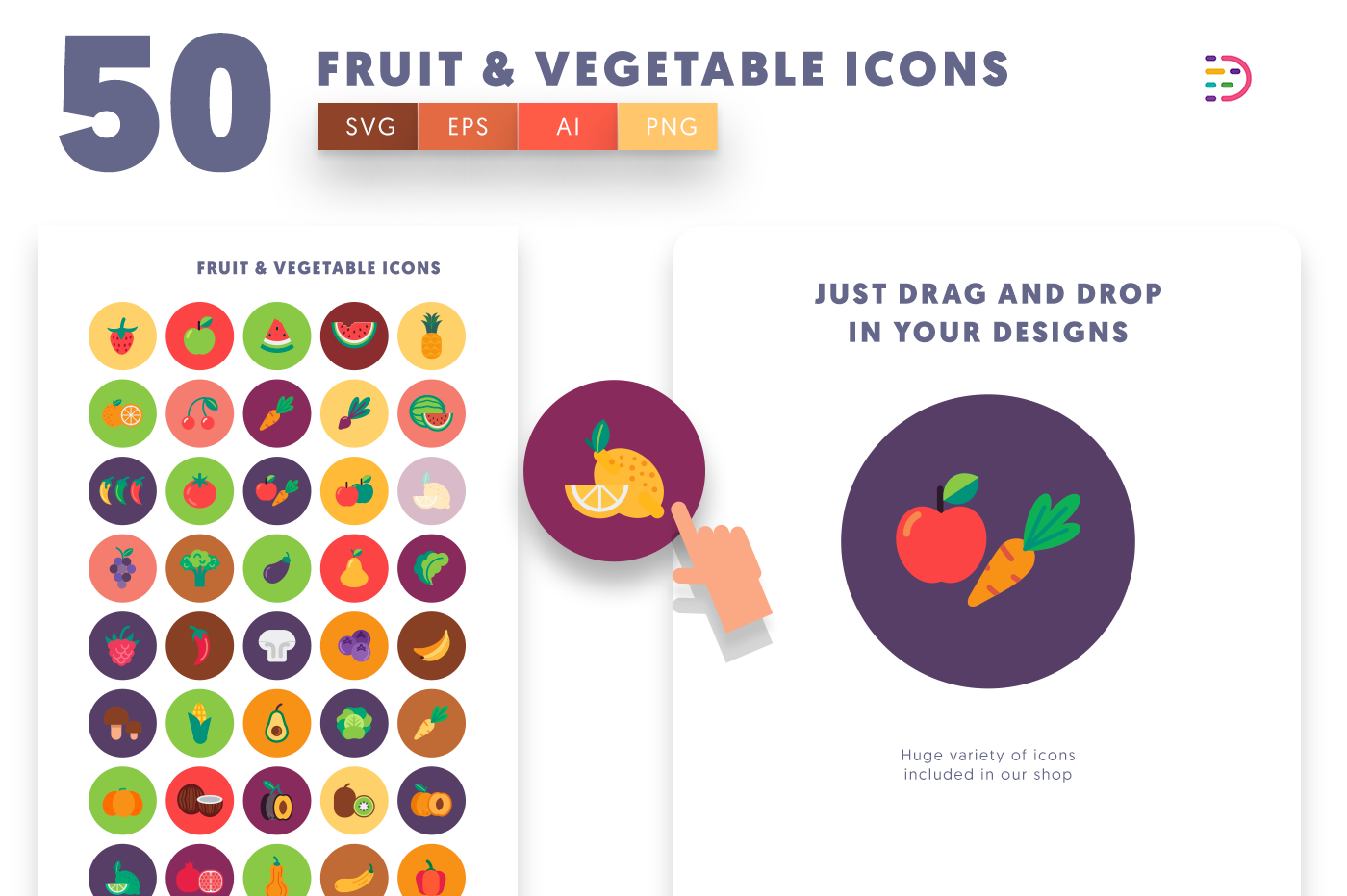 Drag and drop vector 50 Fruits & Vegetable Icons