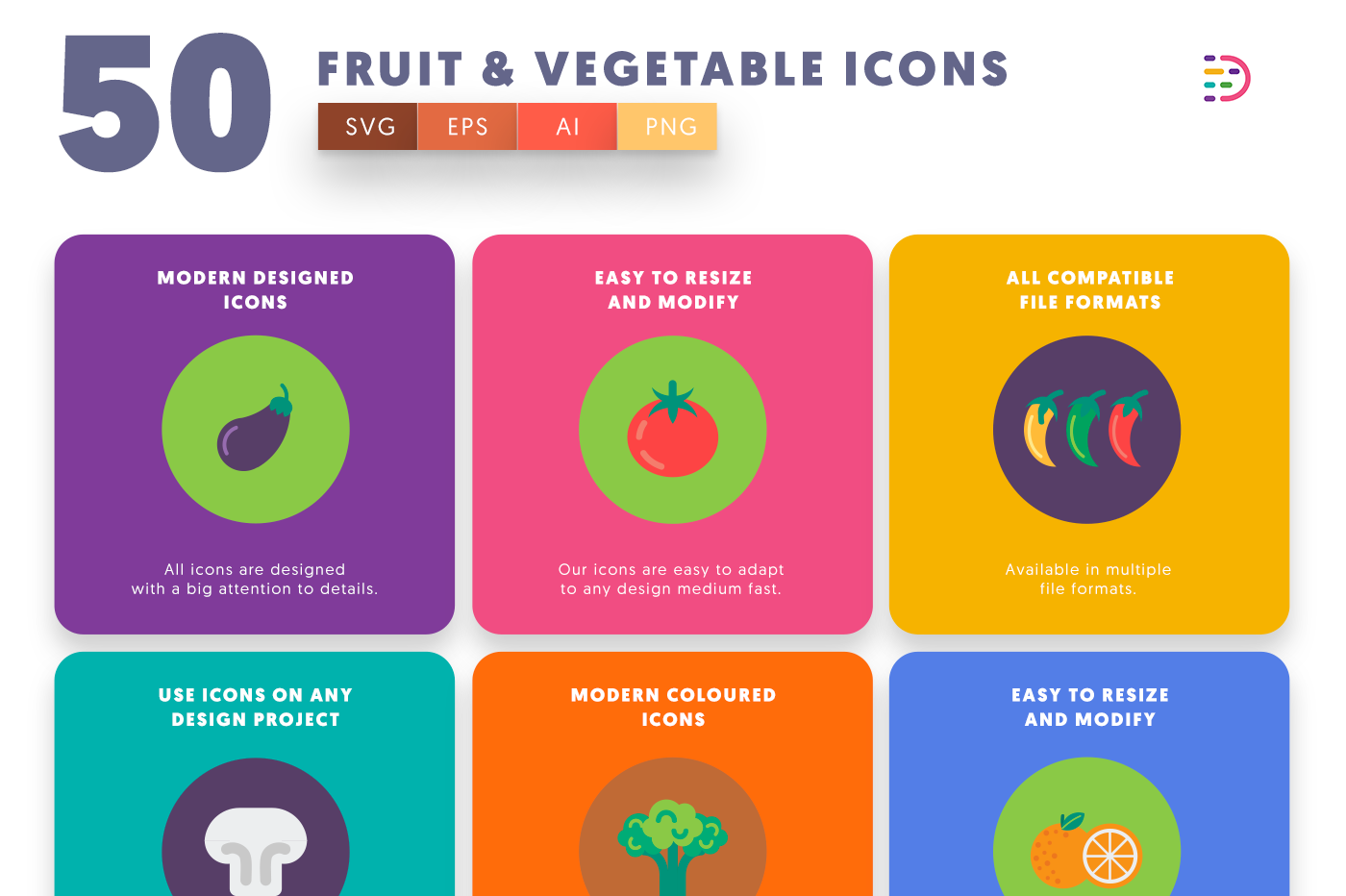 50 Fruits & Vegetable Icons with colored backgrounds