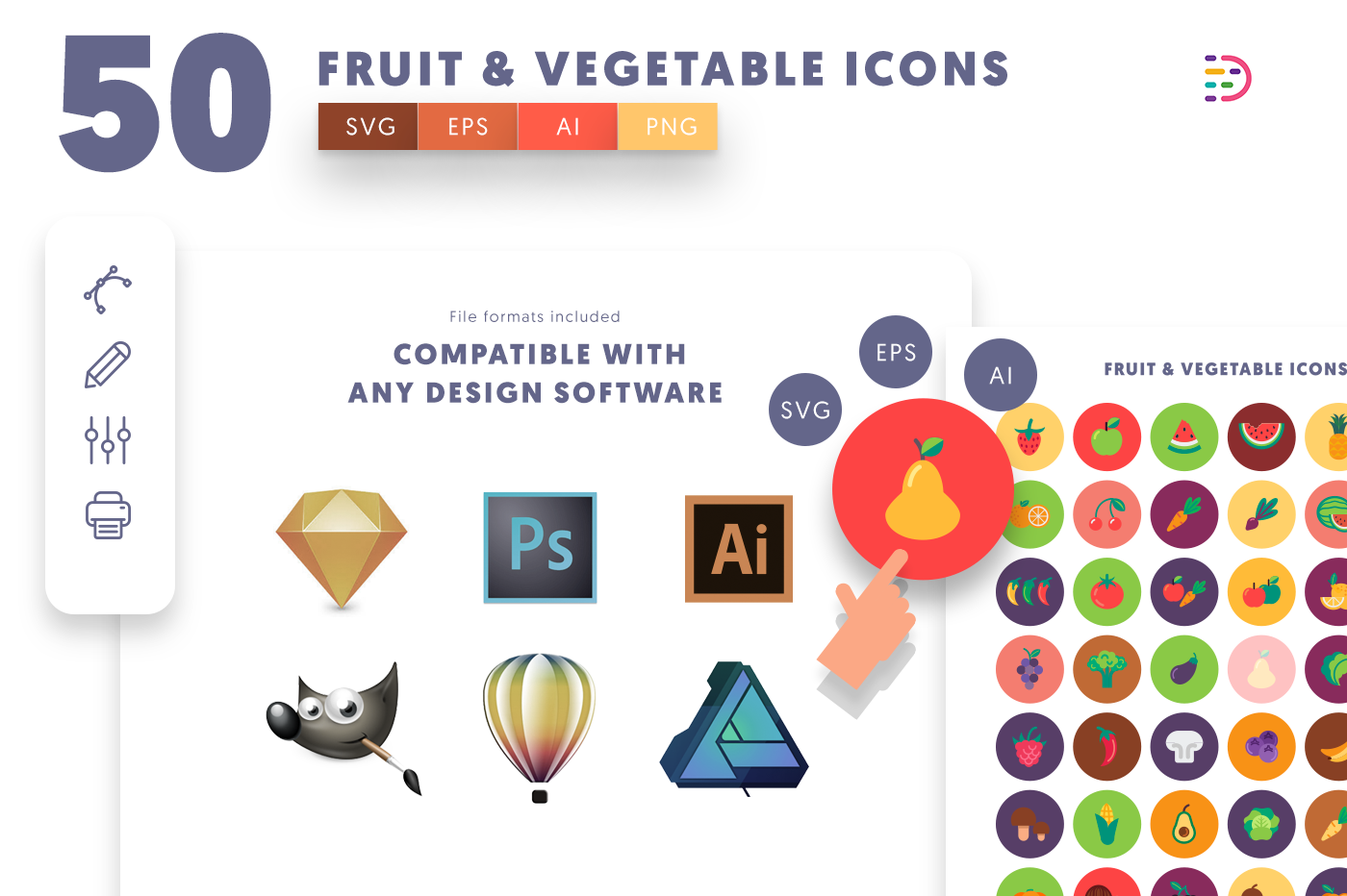 Compatible 50 Fruits & Vegetable Icons pack