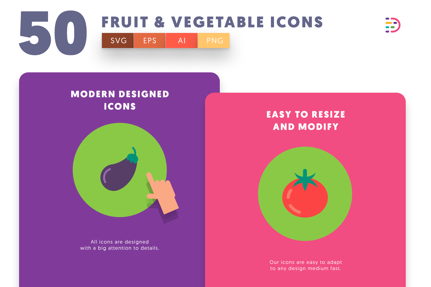 Customizable and vector 50 Fruits & Vegetable Icons