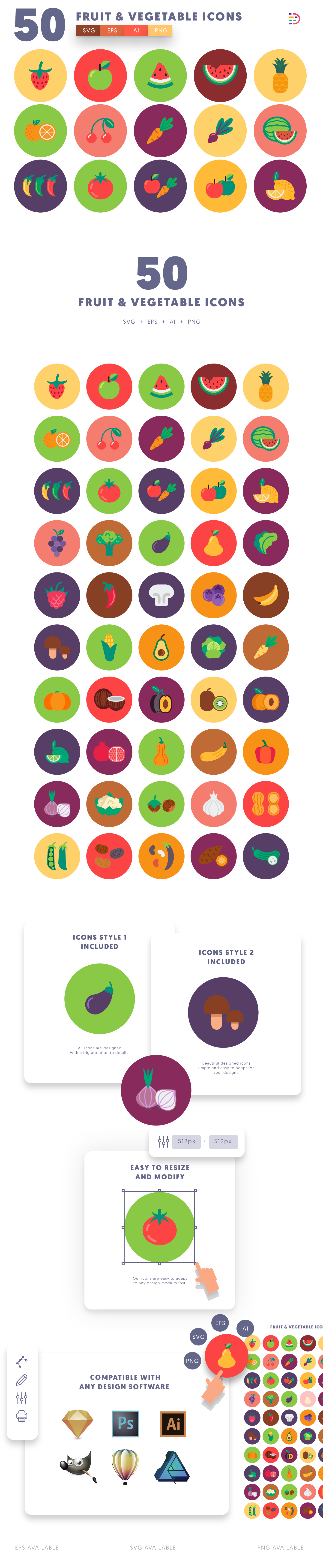 Fruits and Vegetable Icons list