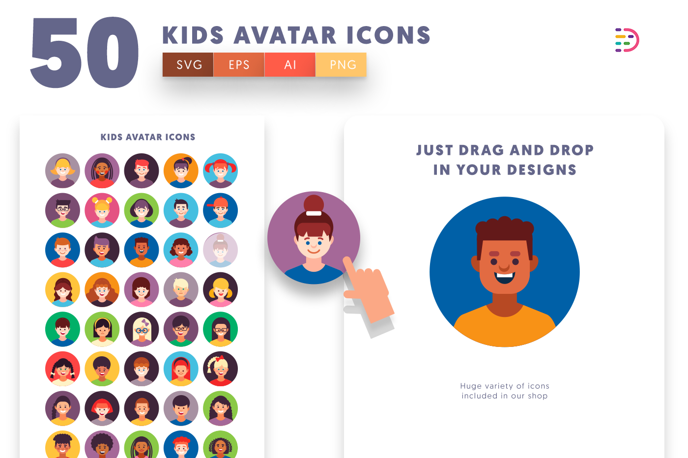  Kids Avatar Icons with colored backgrounds