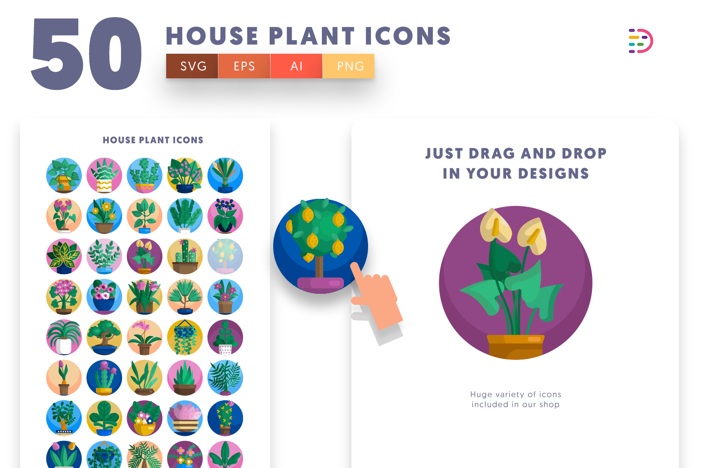 50 House Plant Icons with colored backgrounds