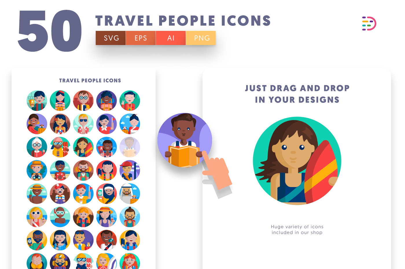 50 Travel People Icons with colored backgrounds