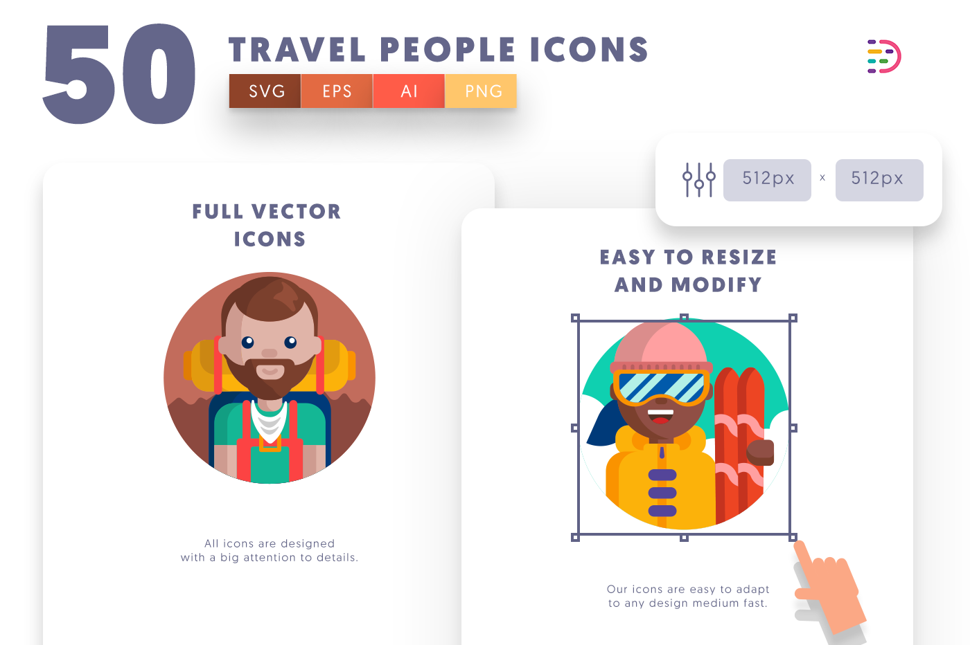 Customizable and vector 50 Travel People Icons