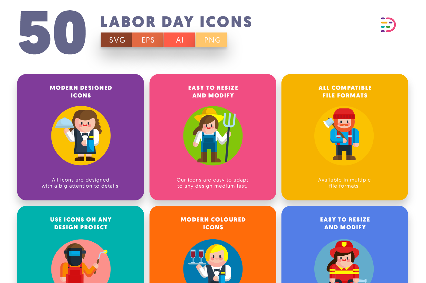 Labor Day Icons with colored backgrounds