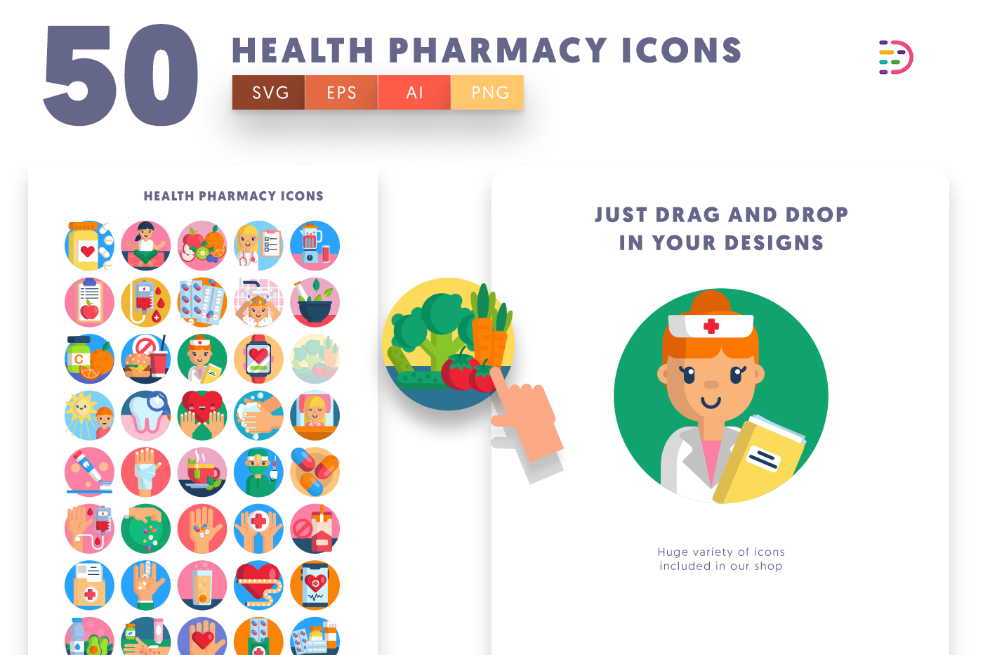 Health Pharmacy Icons with colored backgrounds