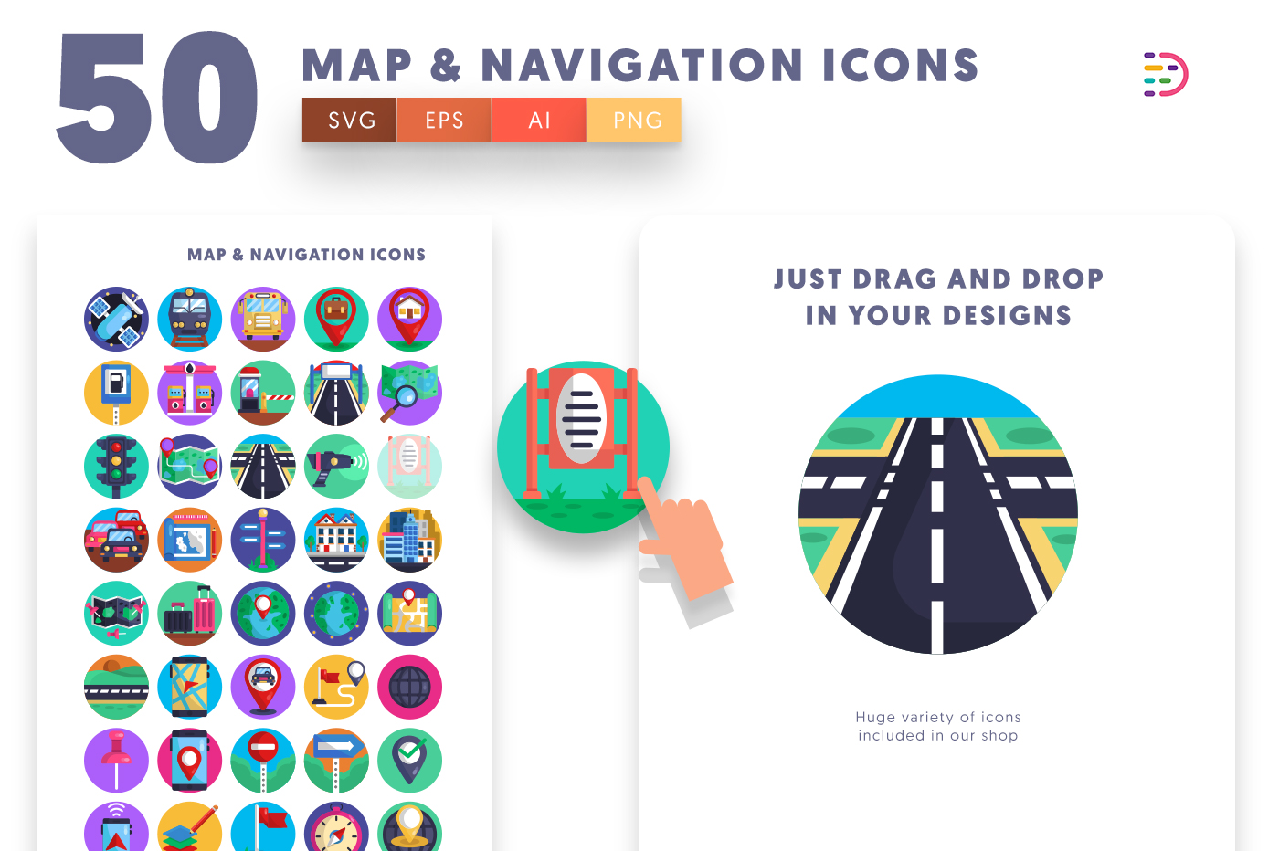  Map and Navigation Icons with colored backgrounds