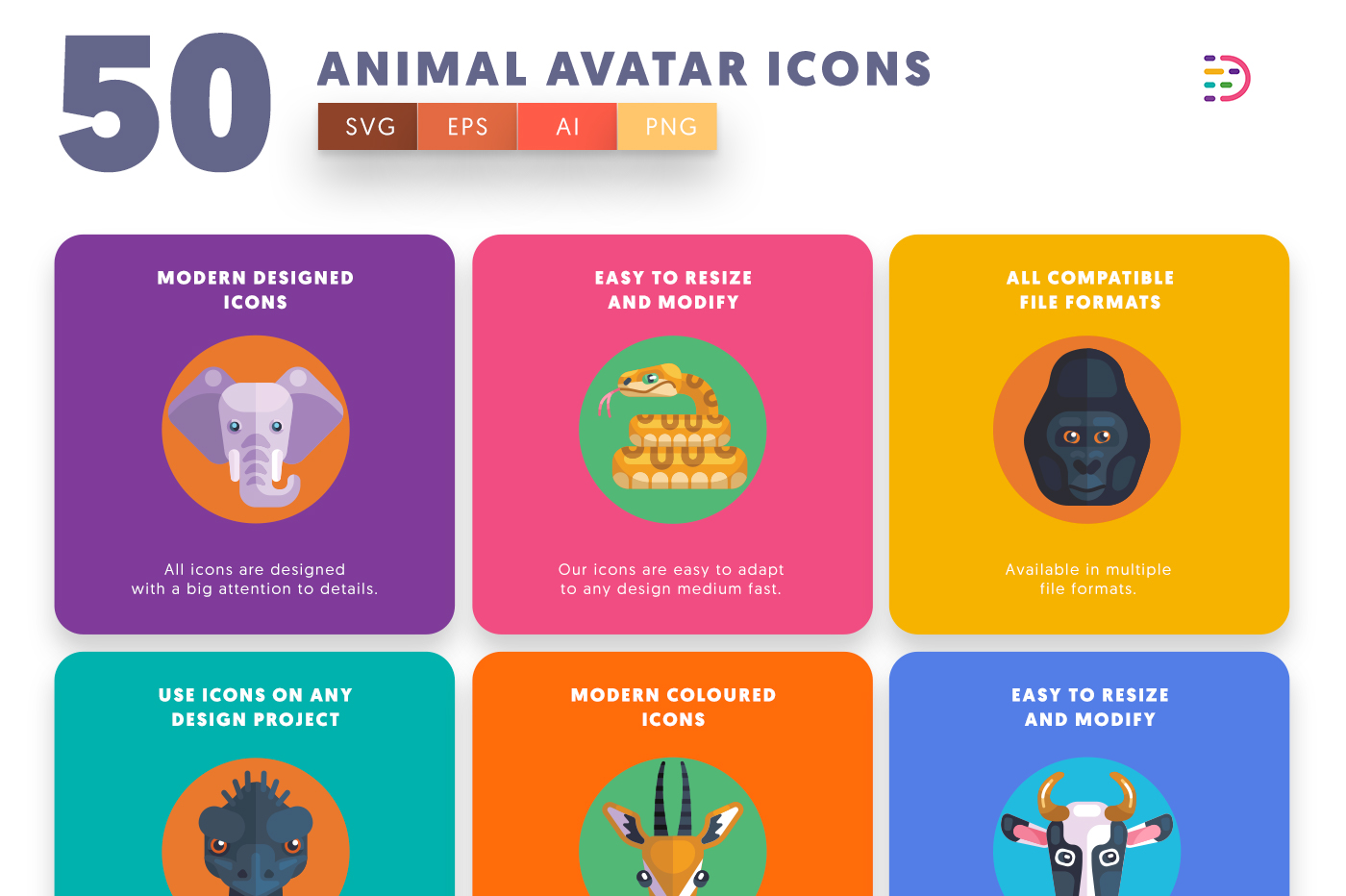 50 Animal Avatar Icons with colored backgrounds