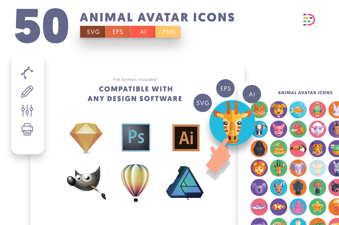 EPS, SVG, PNG full vector 50 Animal Avatar Icons