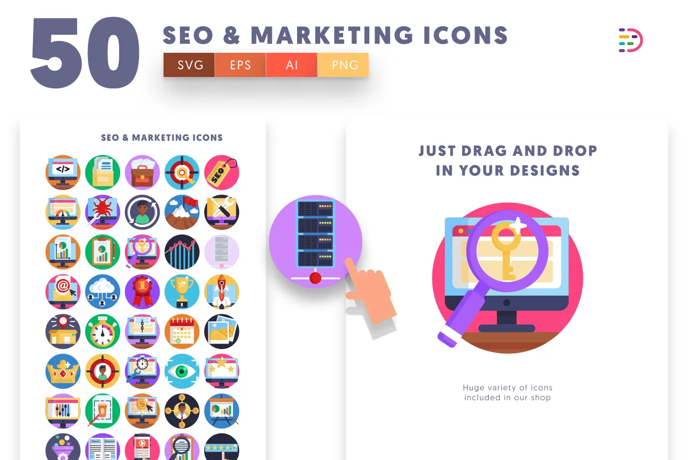 Drag and drop vector Seo and Marketing Icons