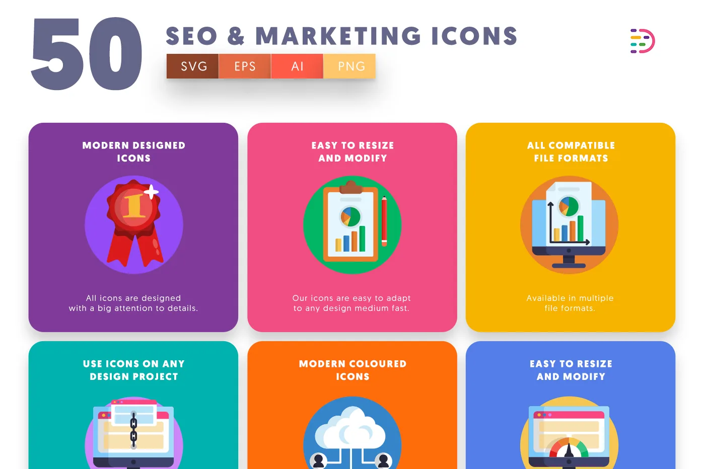  Seo and Marketing Icons with colored backgrounds