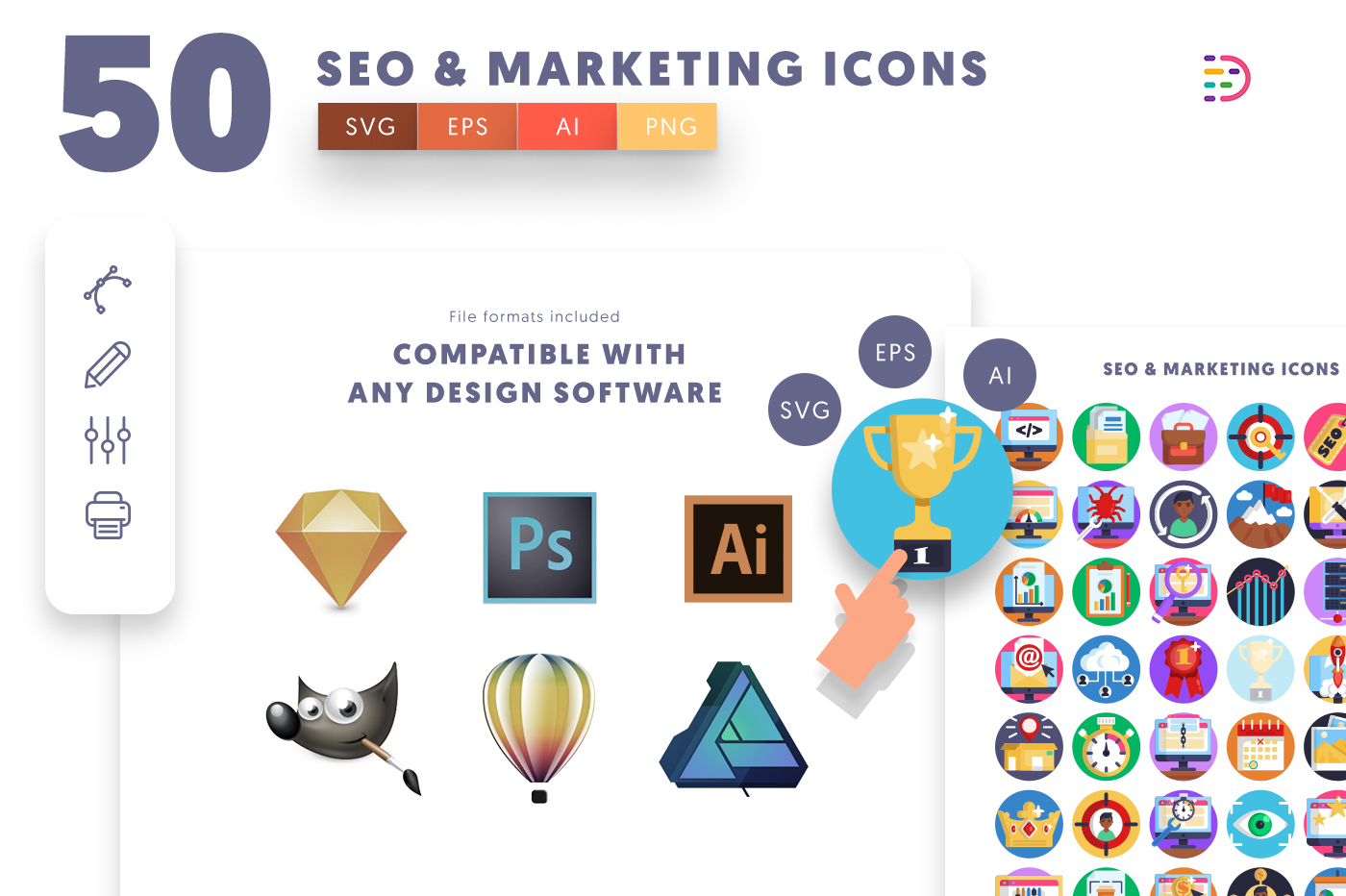 EPS, SVG, PNG full vector 50 Seo & Marketing Icons