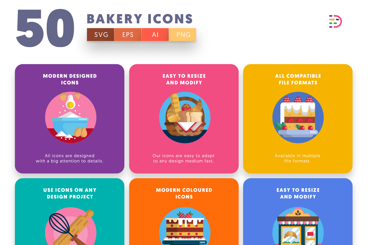 Bakery Icons with colored backgrounds