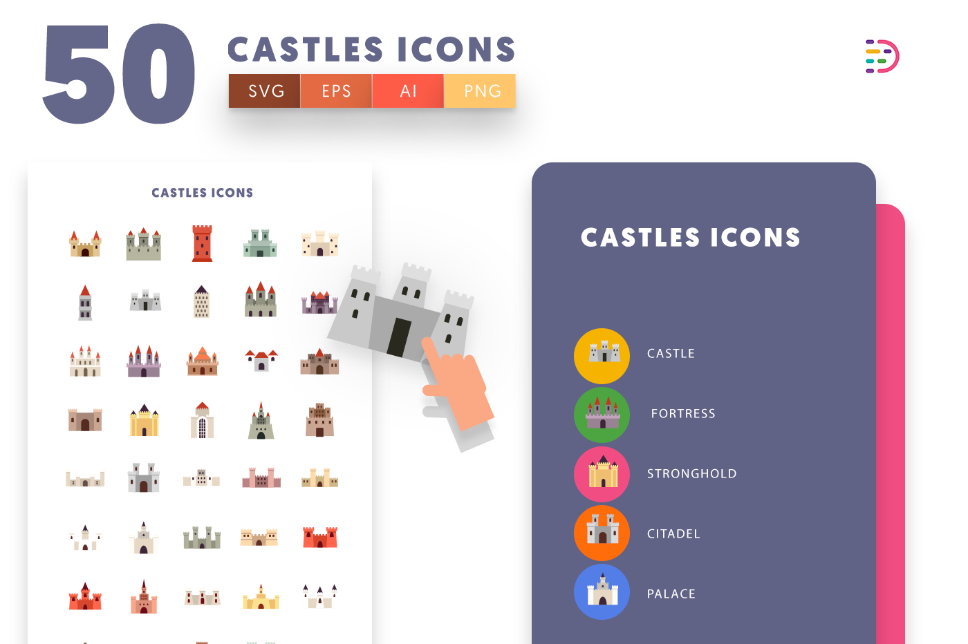 50 Castle Icons with colored backgrounds