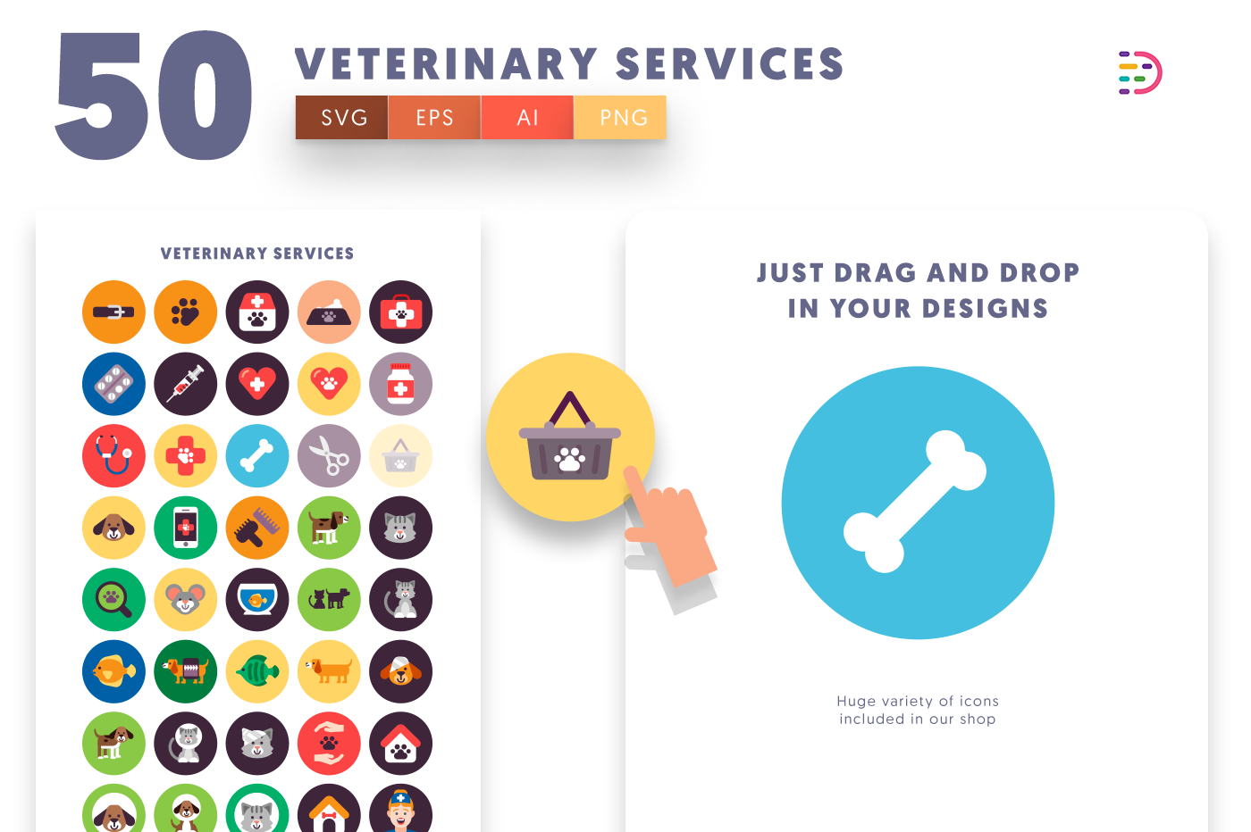 Veterinary Icons with colored backgrounds