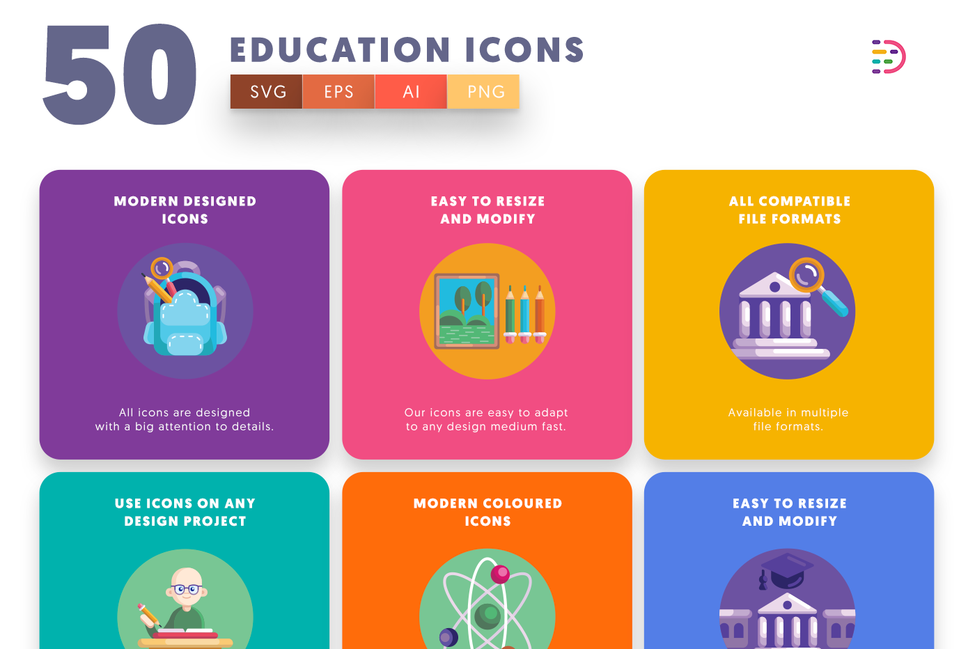 Back to School Icons with colored backgrounds 