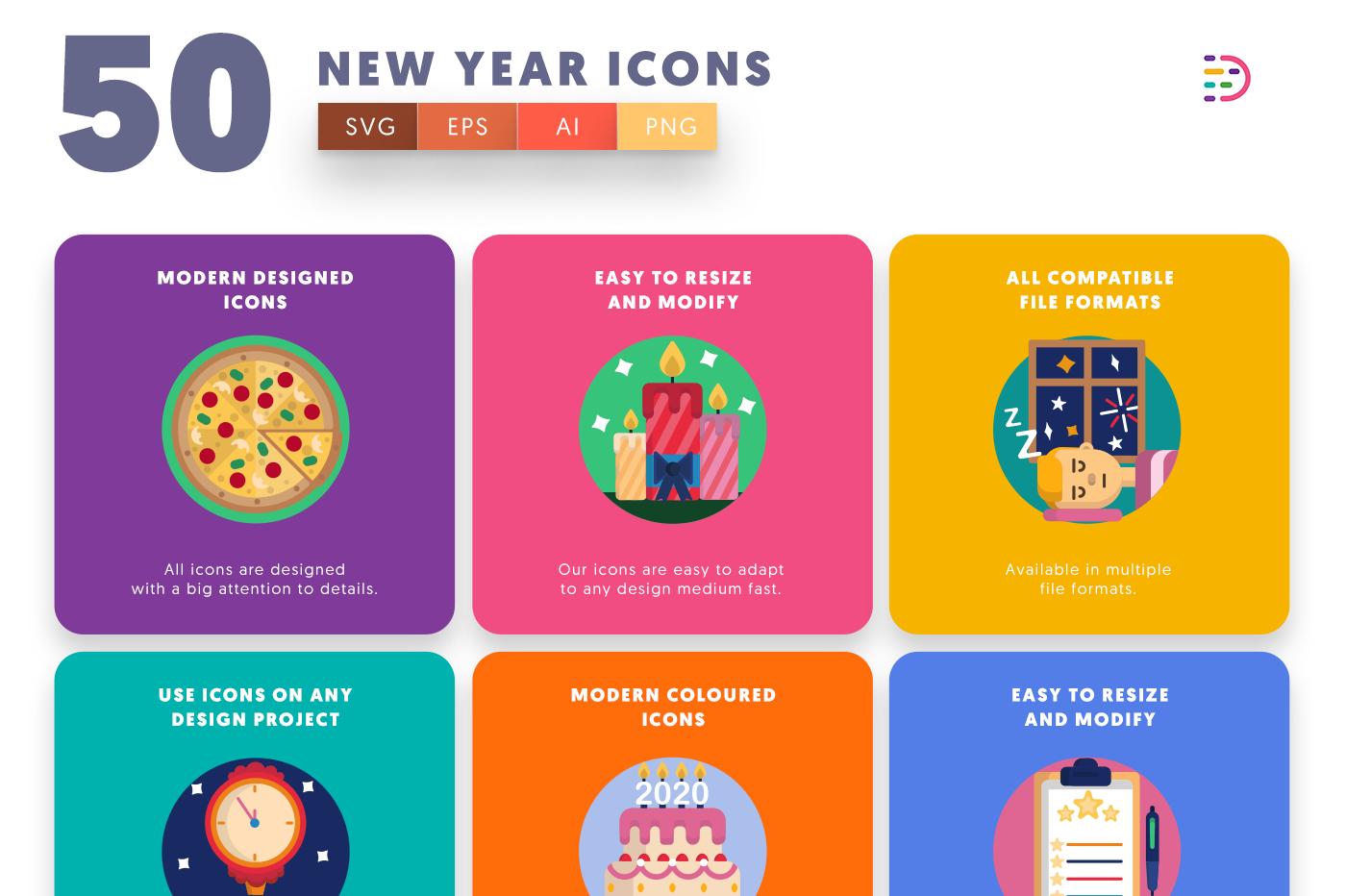  New Year Icons with colored backgrounds