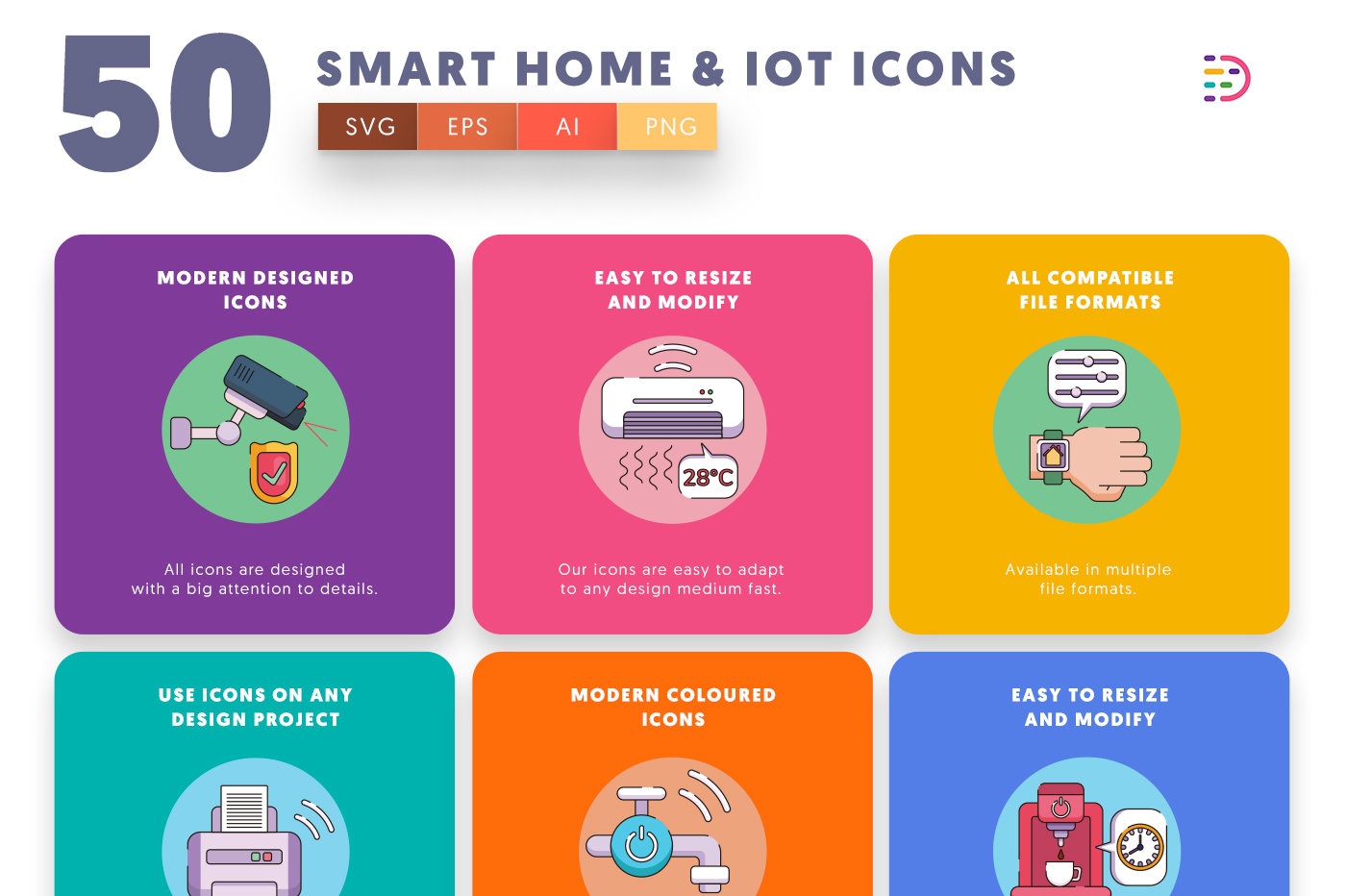  Smart home and IoT Icons with colored backgrounds