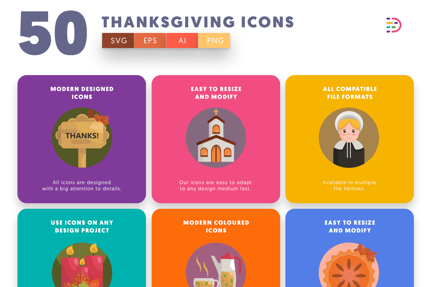Thanksgiving Icons with colored backgrounds