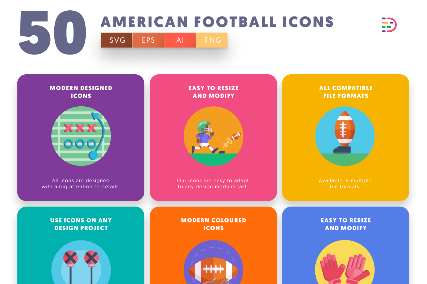American Football Icons with colored backgrounds