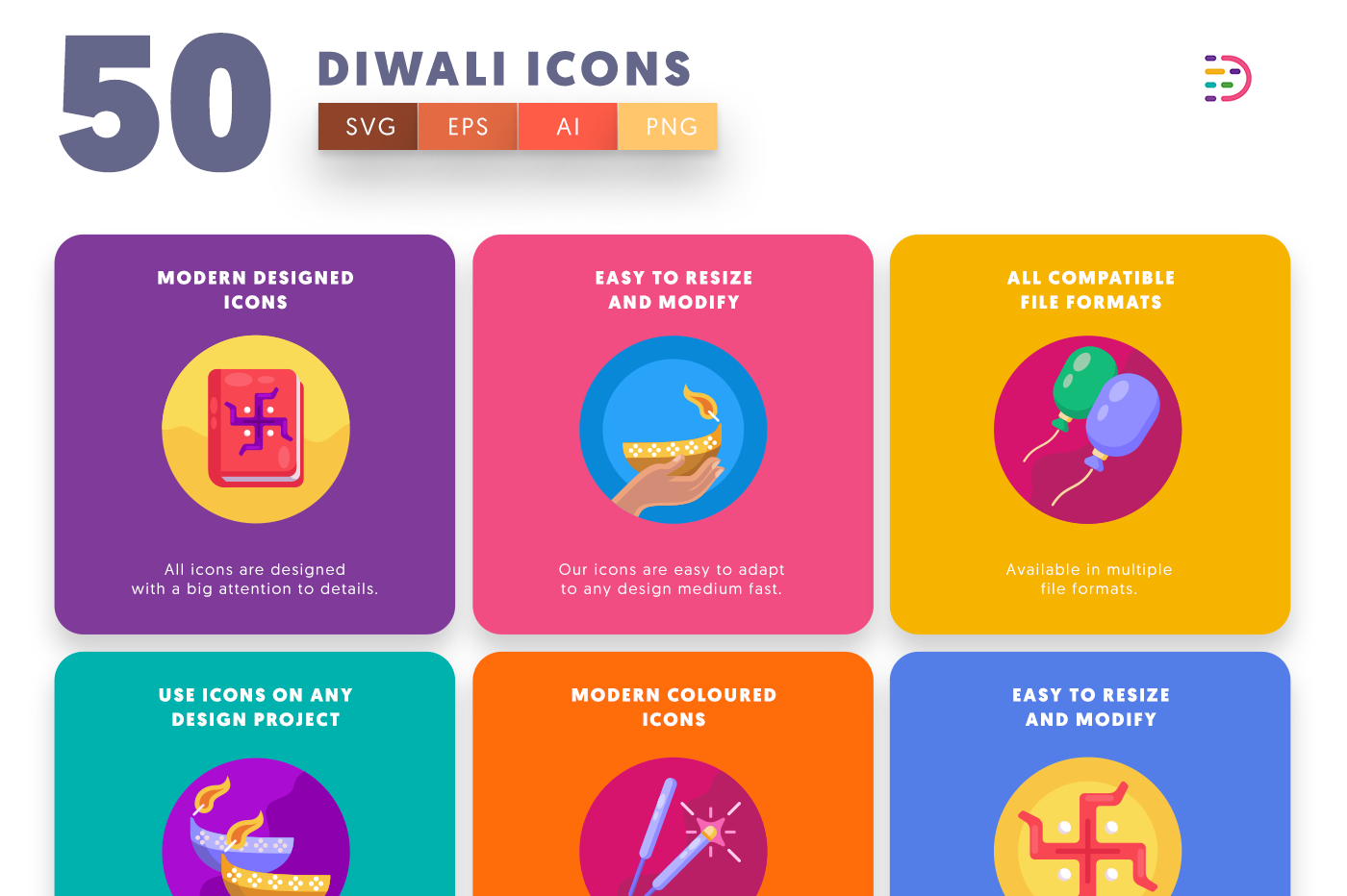  Diwali Icons with colored backgrounds 