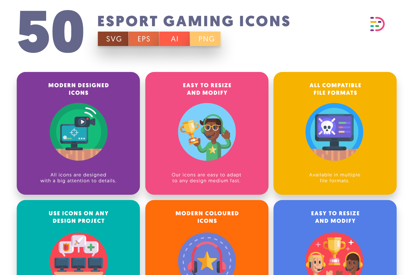  Esport Gaming Icons with colored backgrounds 