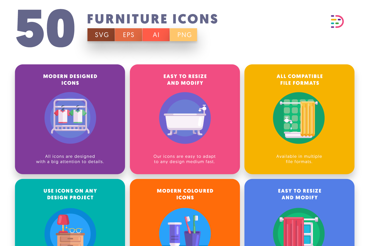 Furniture Icons with colored backgrounds 