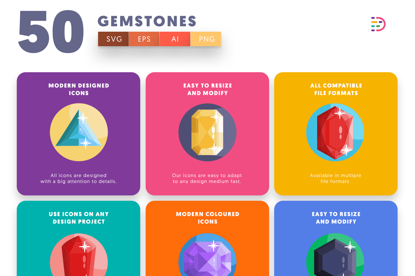 Gemstones Icons with colored backgrounds 