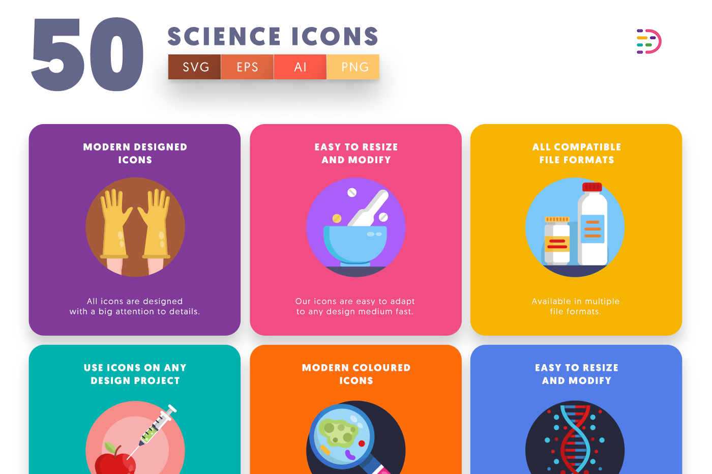 Science Icons with colored backgrounds 