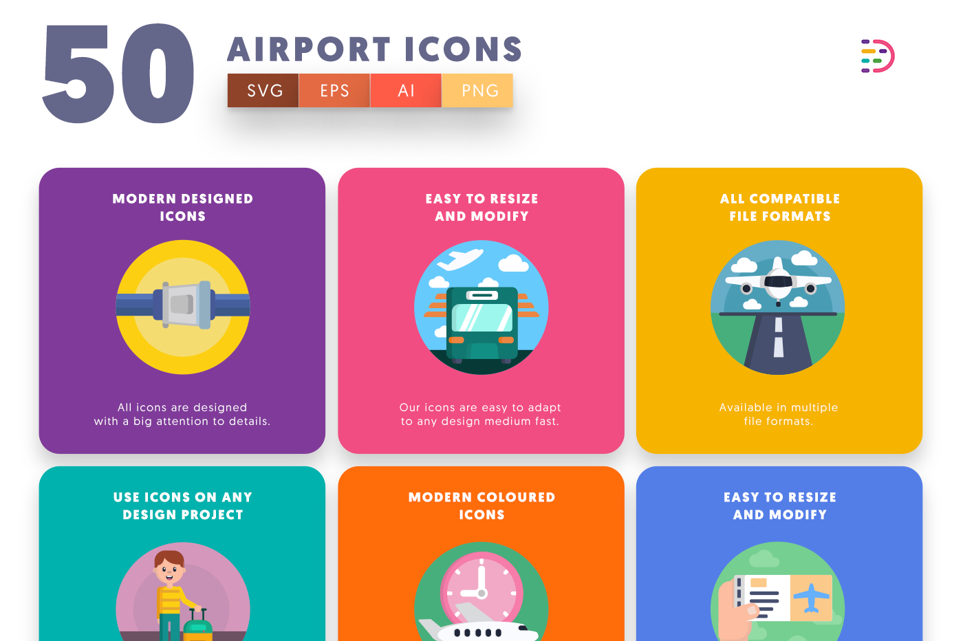  Airport Icons with colored backgrounds 