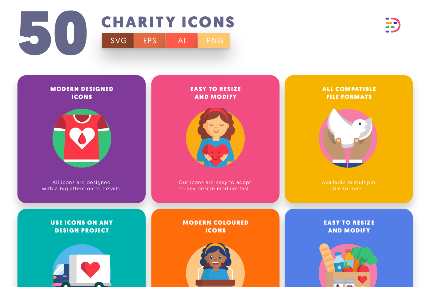 Charity Icons with colored backgrounds 