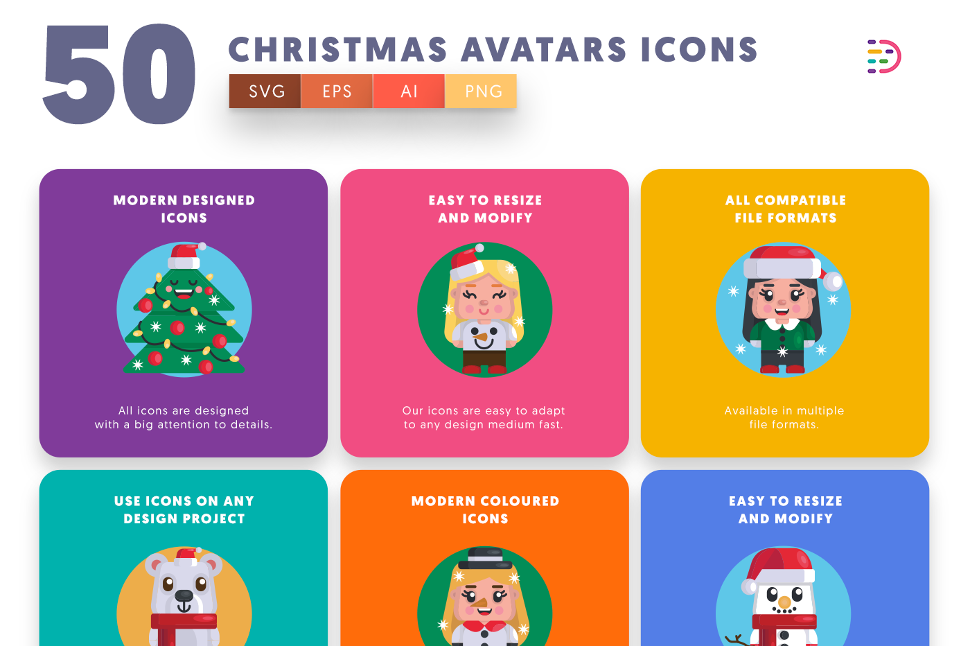 Christmas Avatars Icons with colored backgrounds 