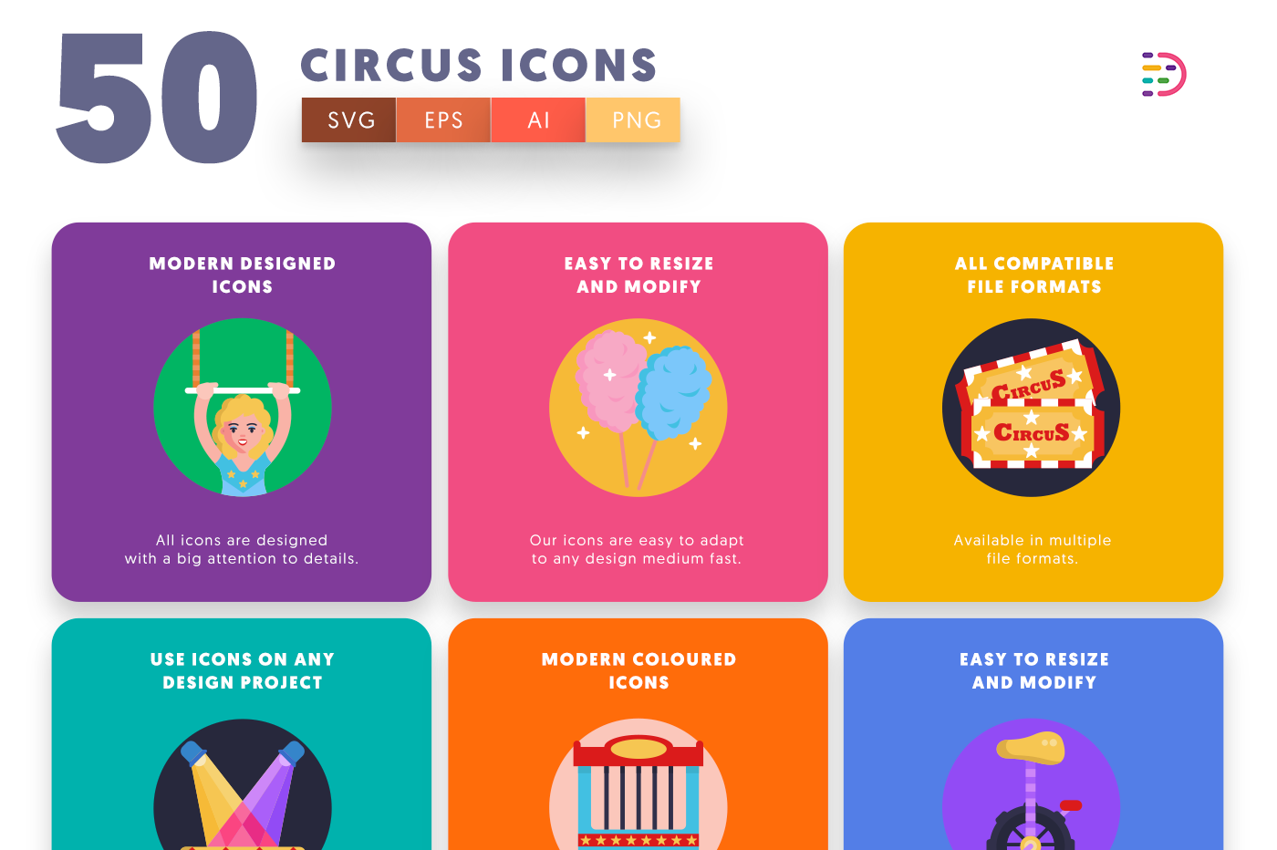 50 Circus Icons with colored backgrounds 