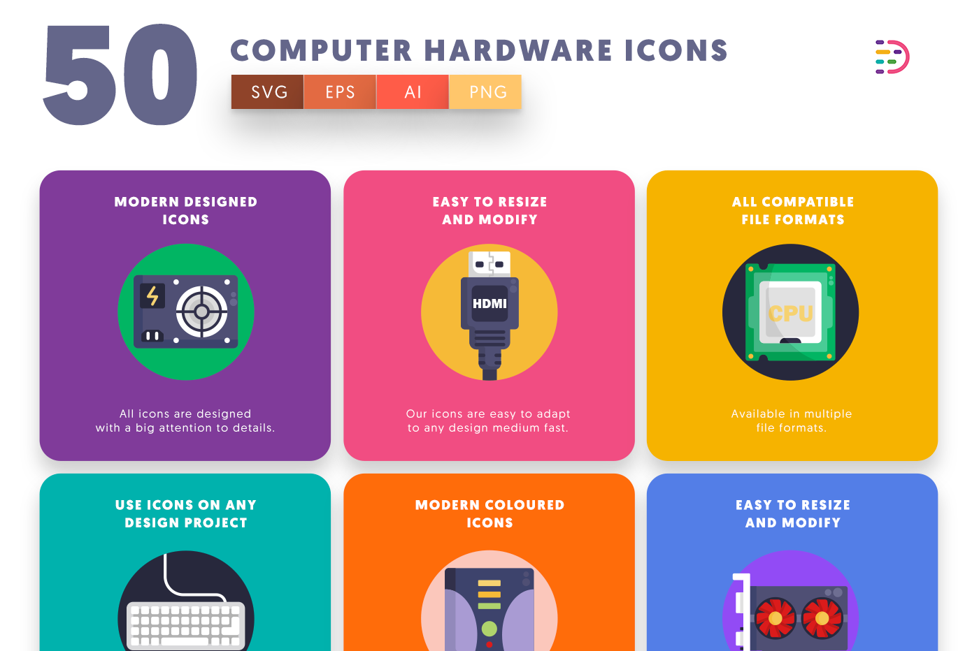 Computer Hardware Icons with colored backgrounds 