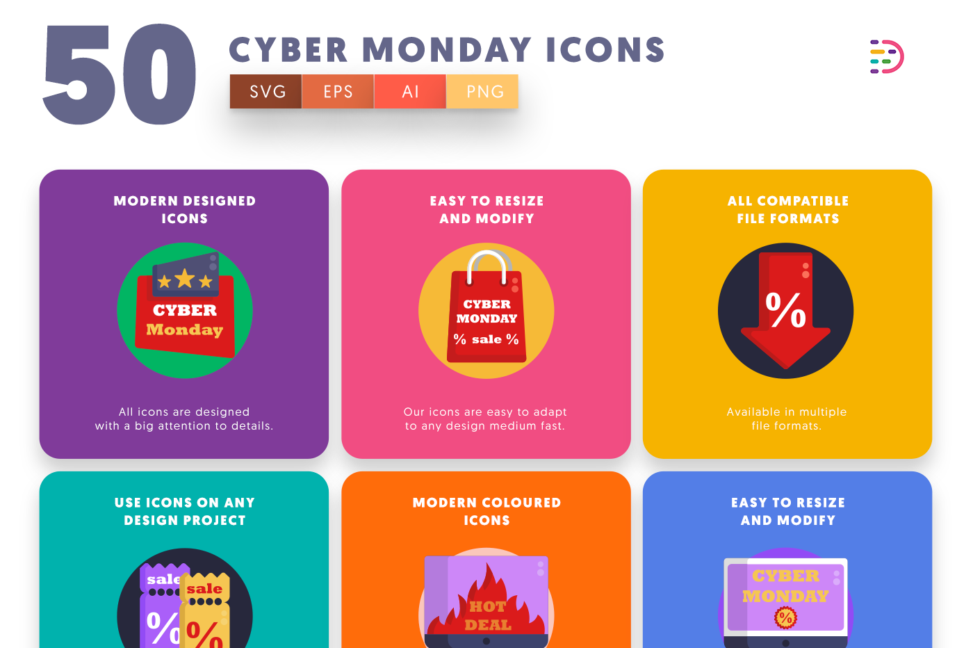 Cyber Monday Icons with colored backgrounds 