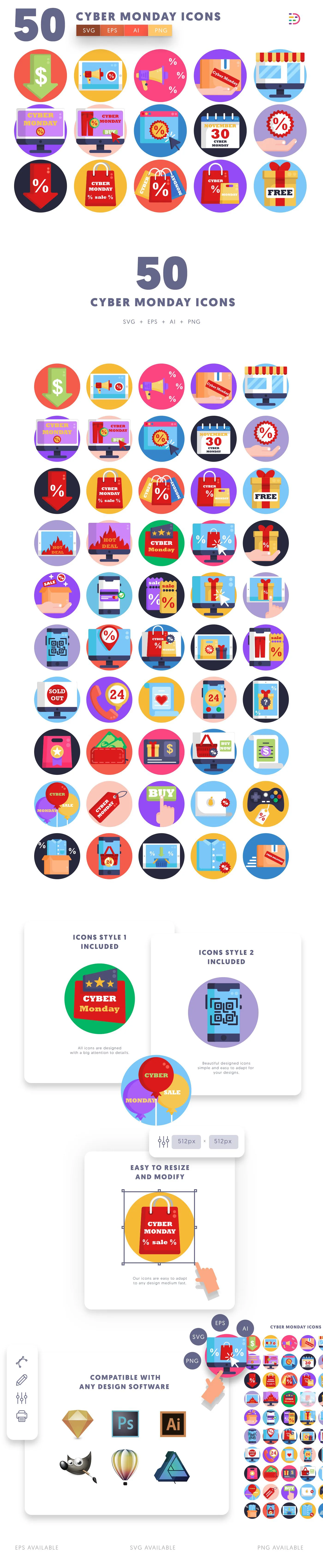Editable cyber monday icon pack, easy to edit and customize icons