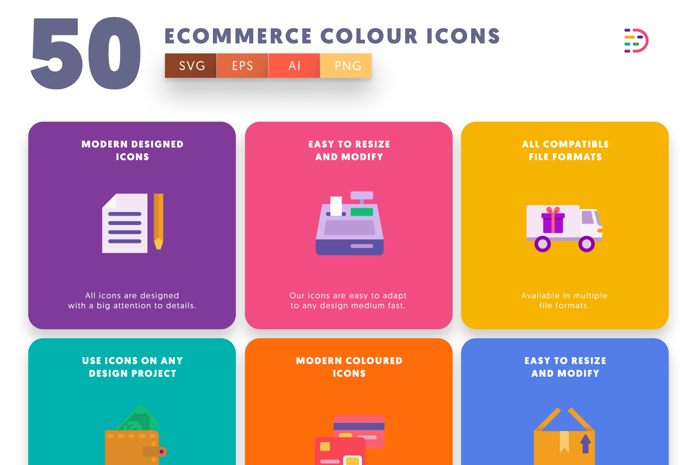  Ecommerce Colour Icons with colored backgrounds 