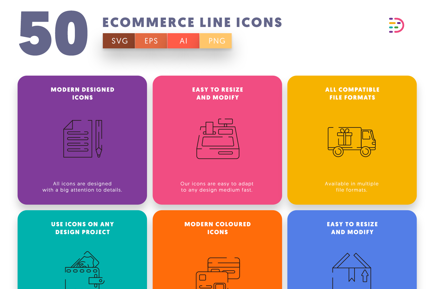 Ecommerce Line Icons with colored backgrounds 