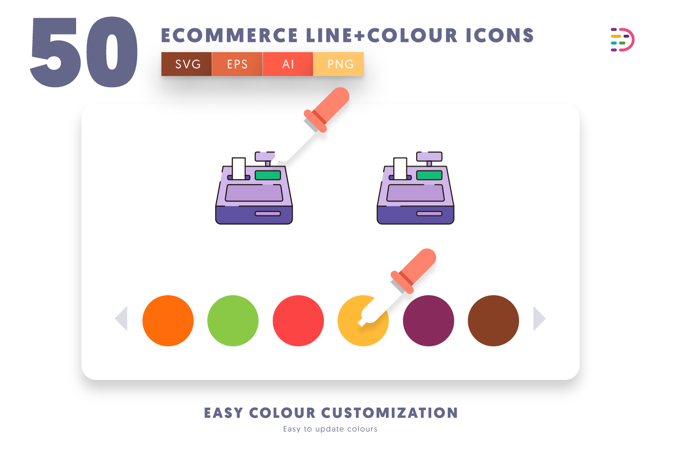 Customizable and vector 50 Ecommerce Line+Colour Icons