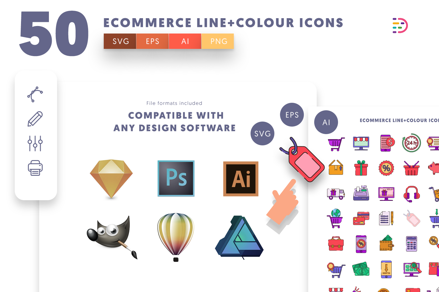  full vector 50 Ecommerce Line+Colour Icons EPS, SVG, PNG