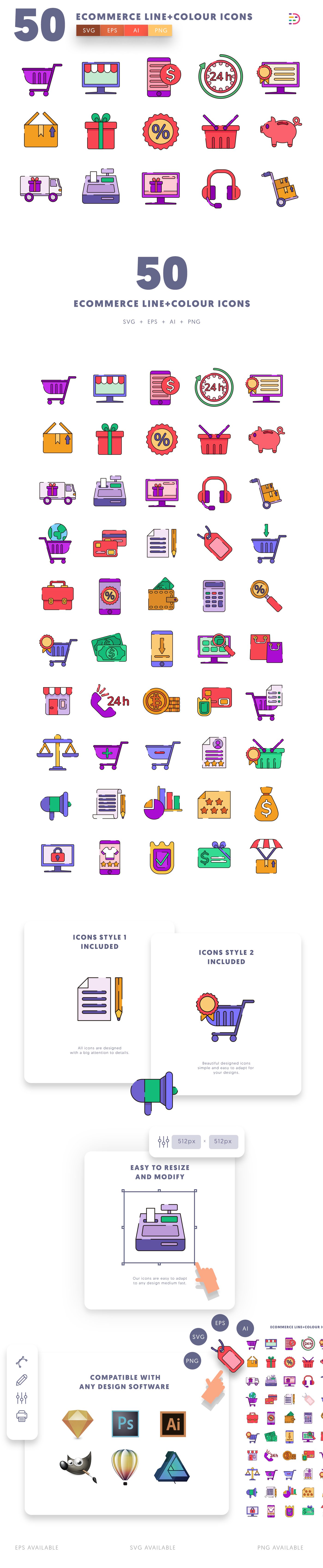 Editable ecommerce line and colour icons icon pack, easy to edit and customize icons